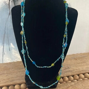 Beaded long necklace glass blue green boho casual